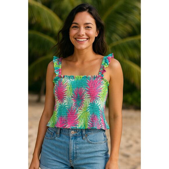 Rose + Olive Smocked Palm Leaf Print Ruffle Strap Tank Top - Size Medium - Picture 1 of 9